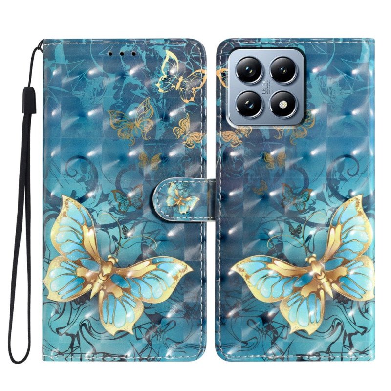 Läderskal Fodral Xiaomi 15t Pro Guldfärgade Fjärilar