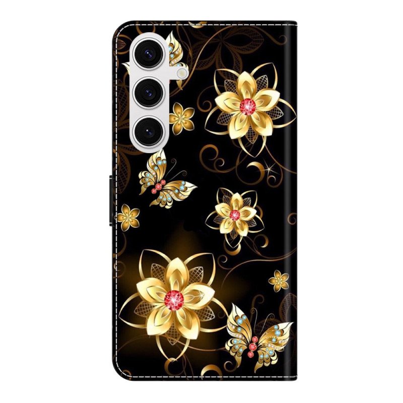 Fodral För Samsung Galaxy S26 Plus Guldblommor Och Fjärilar