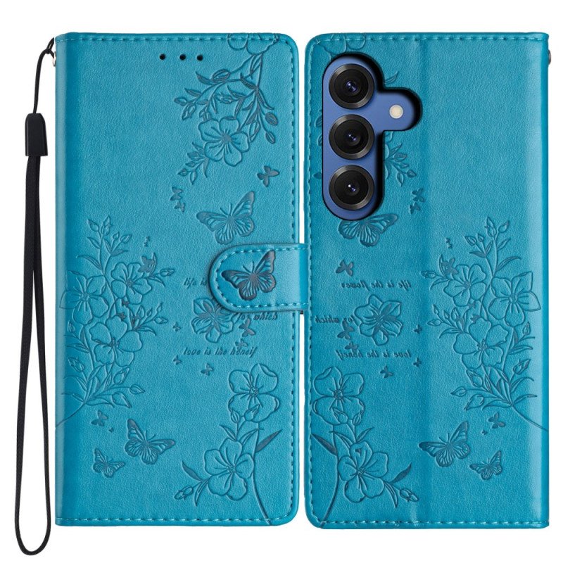 Läderskal Fodral Samsung Galaxy S26 Plus Blommig Fjärilsdesign Och Rem
