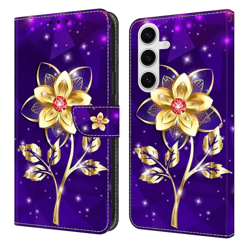 Fodral För Samsung Galaxy S25 Fe Gyllene Blommor På Lila Bakgrund