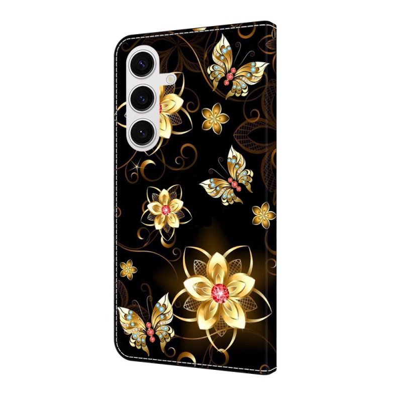Läderfodral Samsung Galaxy S25 Fe Telefonfodral Gyllene Blommor Och Fjärilar