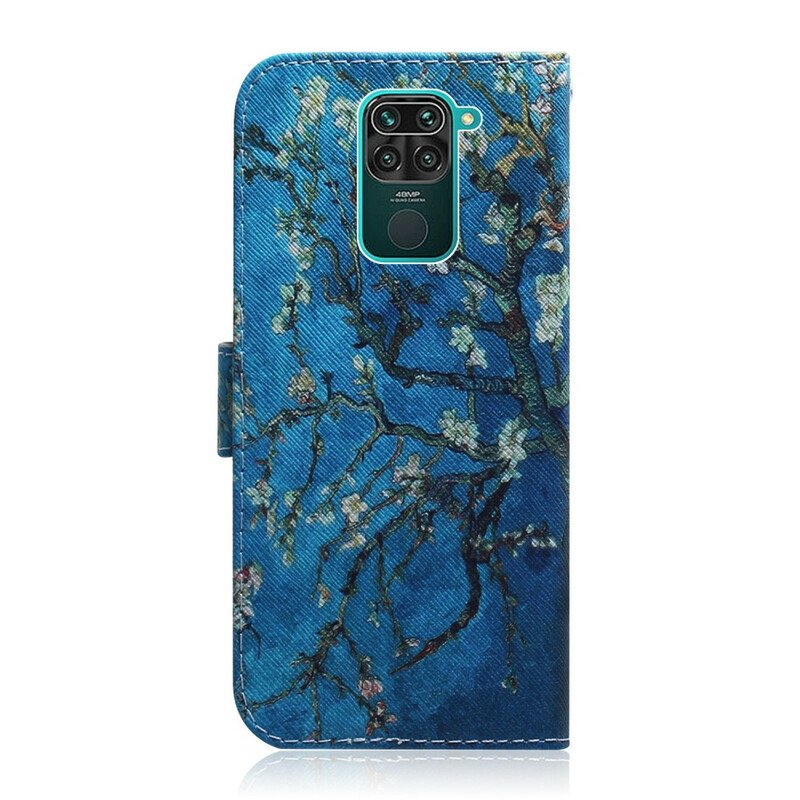 Läderfodral Xiaomi Redmi Note 9 Blommande Träd Blå Bakgrund