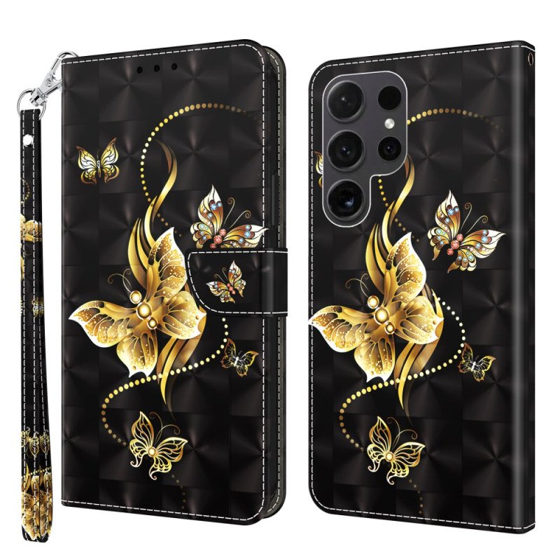 Fodral Samsung Galaxy S24 Ultra 5g Gyllene Fjärilar Med Rem