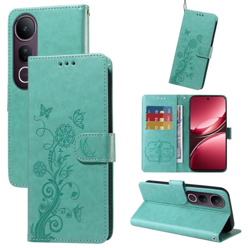 Läderskal Fodral Vivo V50 Lite 5g Blommigt Fjärilsmönster