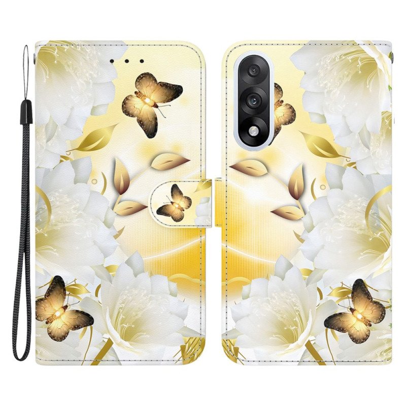 Läderfodral Oneplus Nord 5 Telefonfodral Gyllene Fjärilar Och Vita Blommor