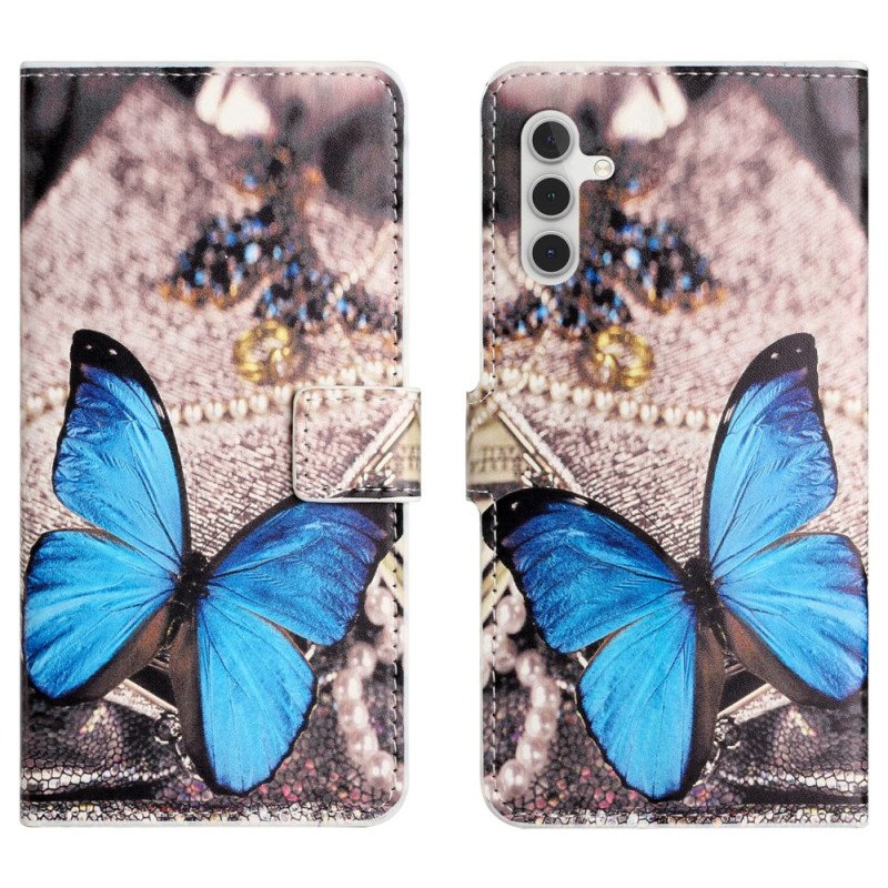 Läderskal Fodral Samsung Galaxy S24 Plus 5g Blå Fjäril
