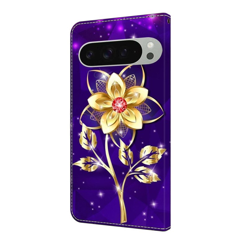 Läderskal Fodral Google Pixel 10 Pro Xl Gyllene Blomma