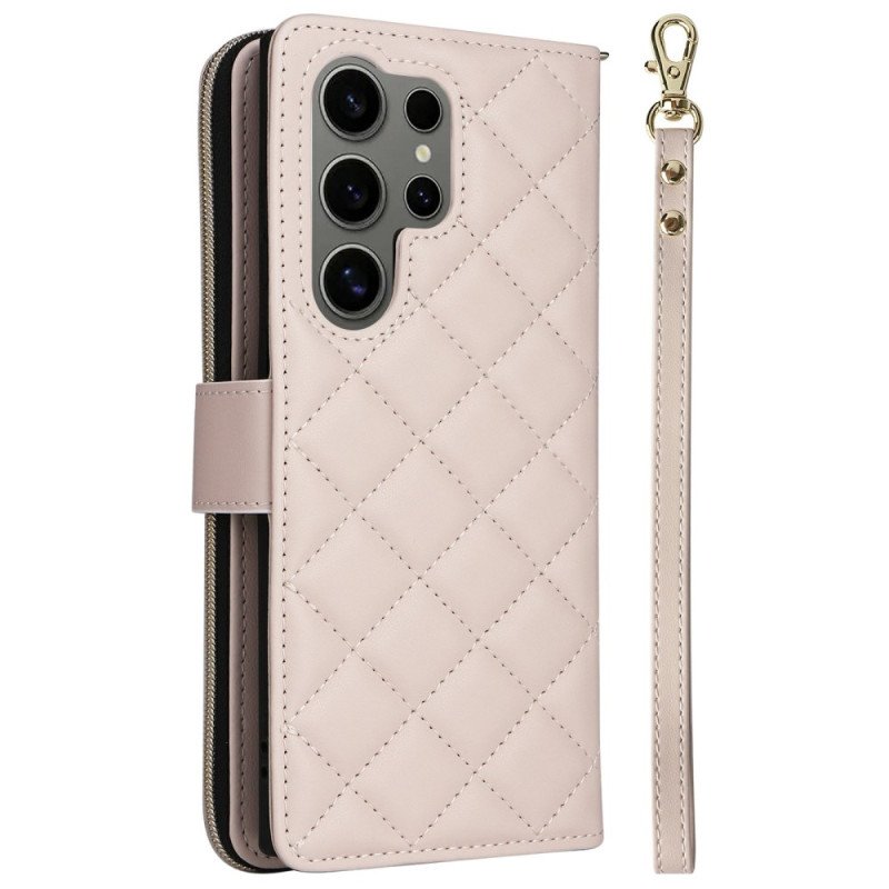 Läderskal Fodral Samsung Galaxy S25 Ultra 5g Quiltad Plånbok Med Rem Och Axelrem