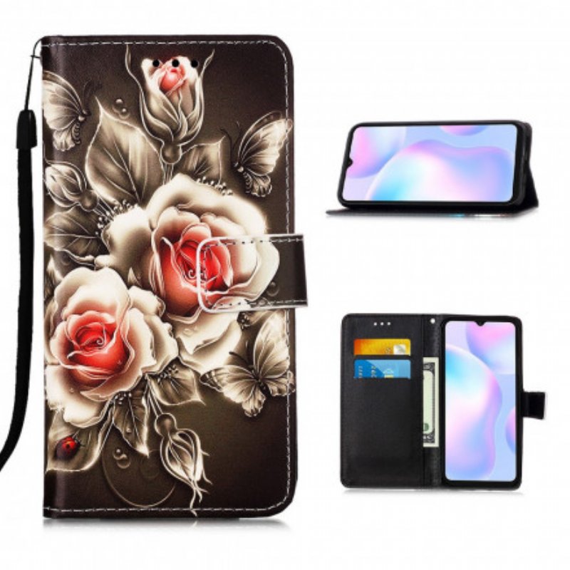 Fodral Xiaomi Redmi 9A Med Kedjar Svart Ros Med Rem