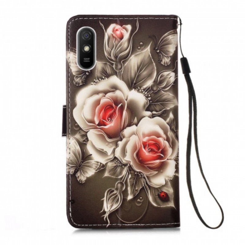 Fodral Xiaomi Redmi 9A Med Kedjar Svart Ros Med Rem