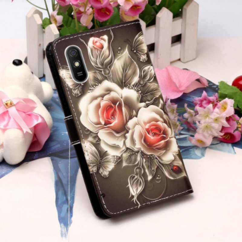 Fodral Xiaomi Redmi 9A Med Kedjar Svart Ros Med Rem