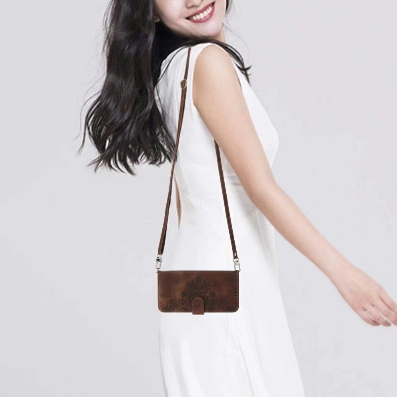 Fodral Xiaomi 15 Pro Blommönster Med Mockaeffekt Rem Och Axelrem