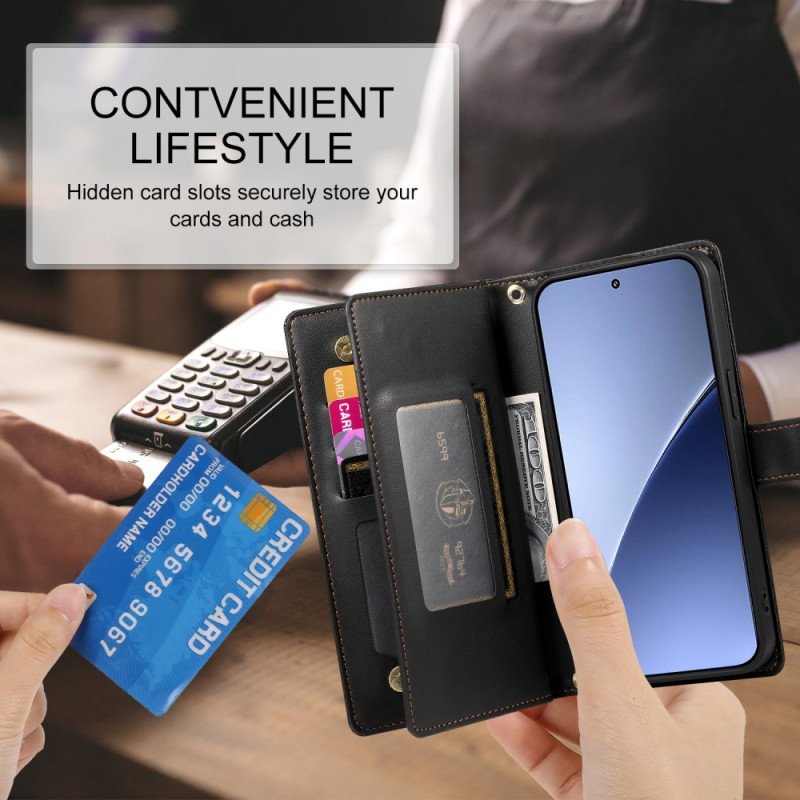 Läderskal Fodral Xiaomi 15 Pro Plånbok Med Rem Och Axelrem