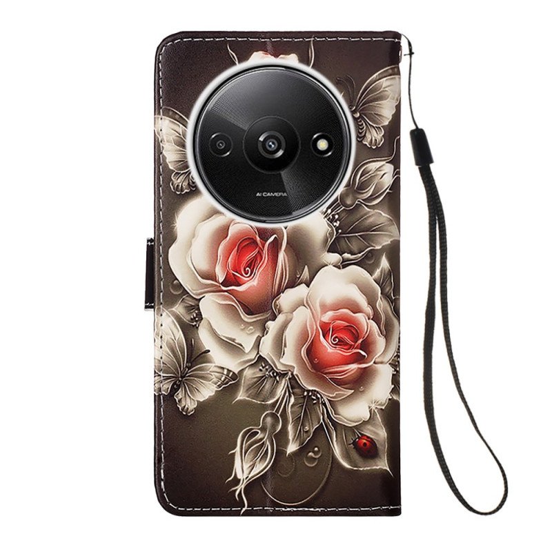 Läderfodral Poco C61 Telefonfodral Bukett Rosor Med Rem