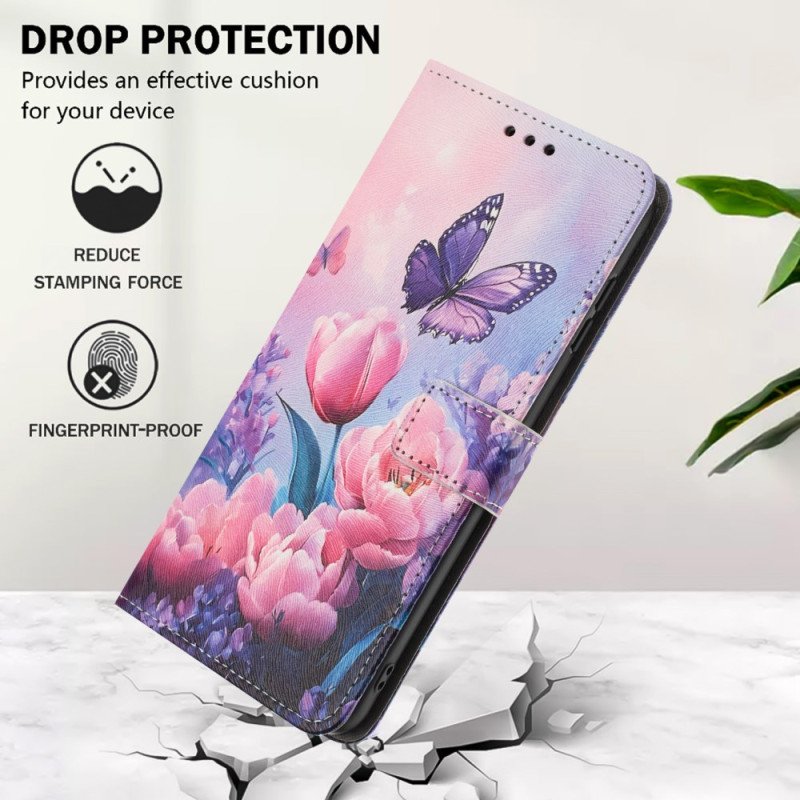 Läderskal Fodral Realme 14t 5g Rosa Blommor Och Fjärilar
