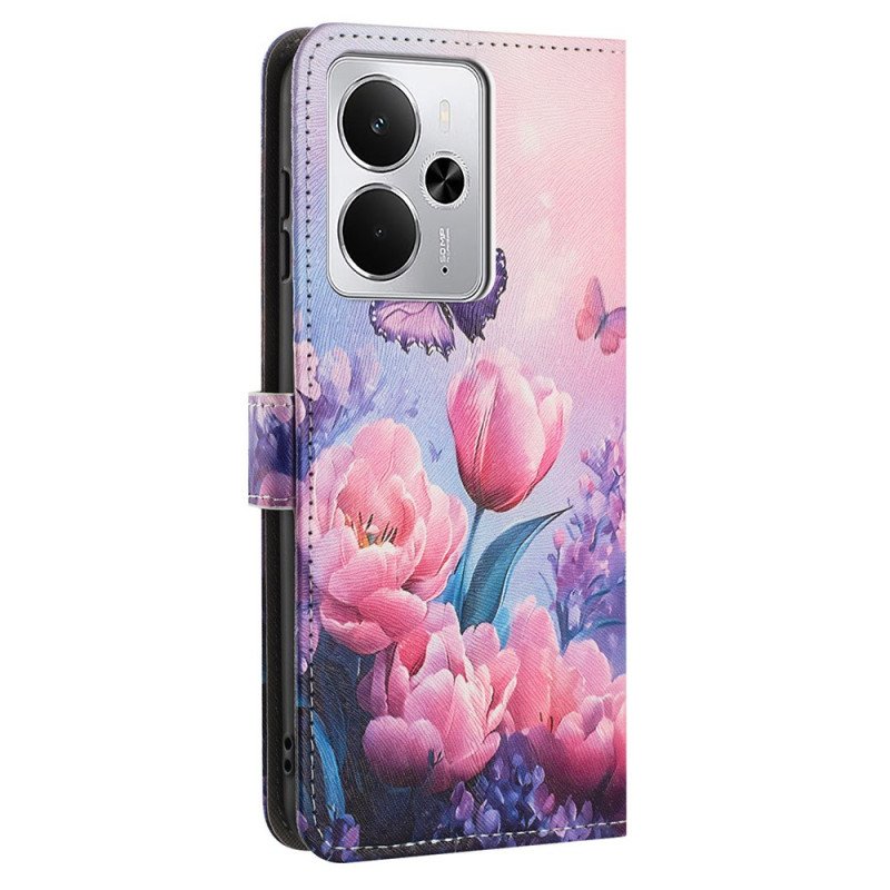 Läderskal Fodral Realme 14t 5g Rosa Blommor Och Fjärilar