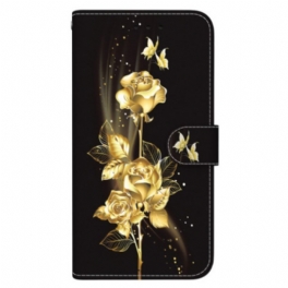 Fodral Xiaomi Redmi Note 14 5g Guldfärgade Fjärilar Och Ros