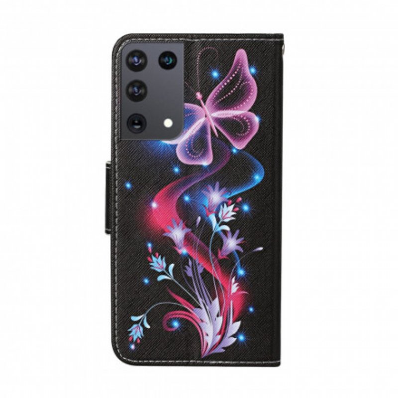 Läderfodral Samsung Galaxy S21 Ultra 5G Fjärilar Och Linne
