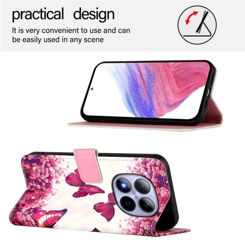 Läderskal Fodral Xiaomi Redmi Note 15 Pro 5g Rosa Fjärilar