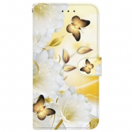Läderfodral Xiaomi Redmi Note 14 4g Telefonfodral Guld- Och Rosa Fjärilar