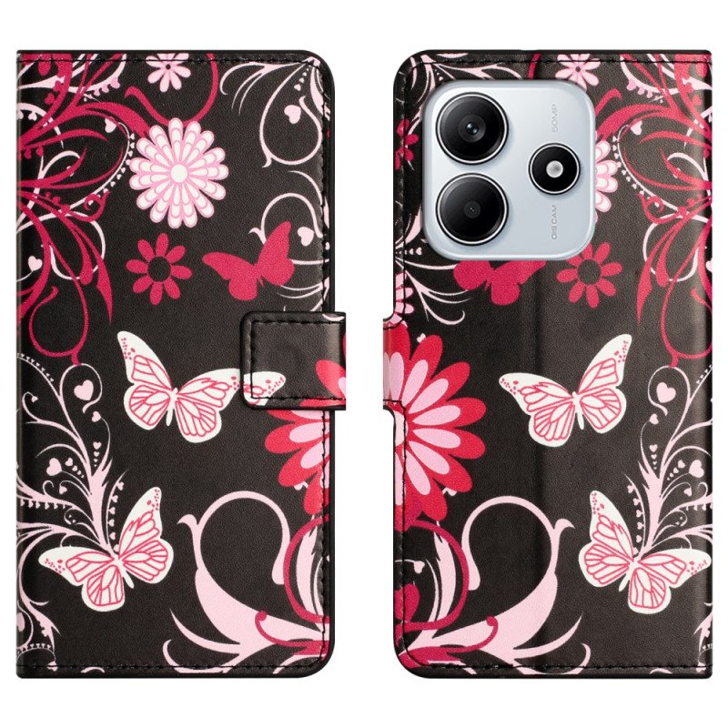 Läderskal Fodral Xiaomi Redmi Note 14 4g Fjärilar På Svart Bakgrund