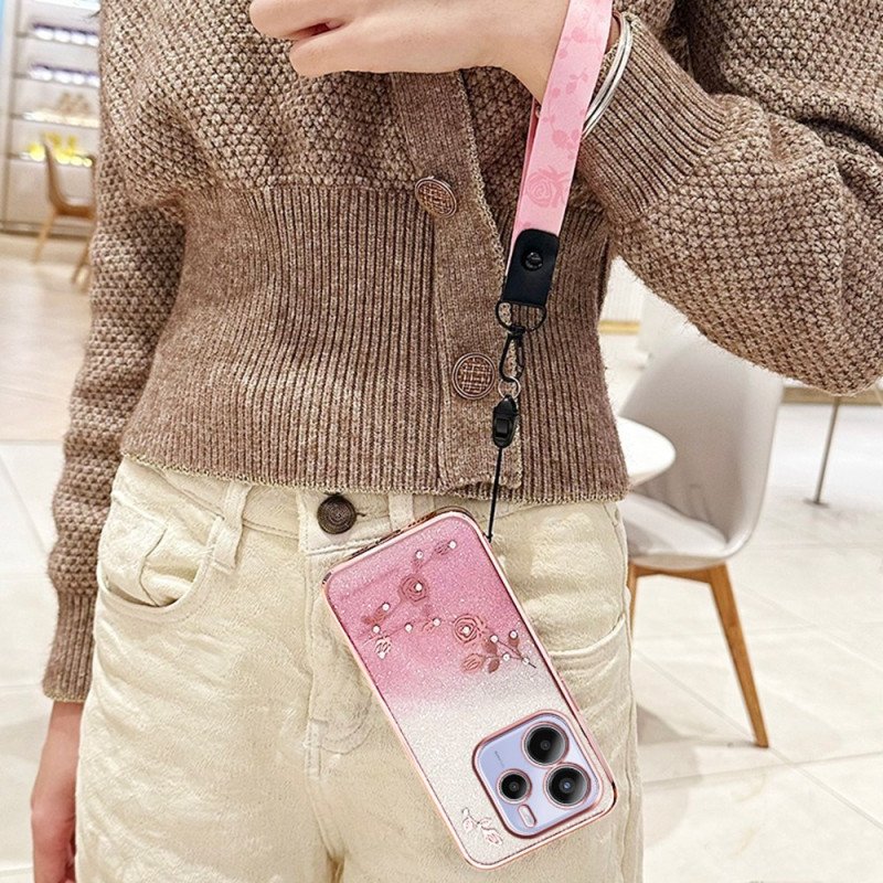 Skal För Xiaomi Redmi Note 14 4g Strass Och Blommor Med Snodd