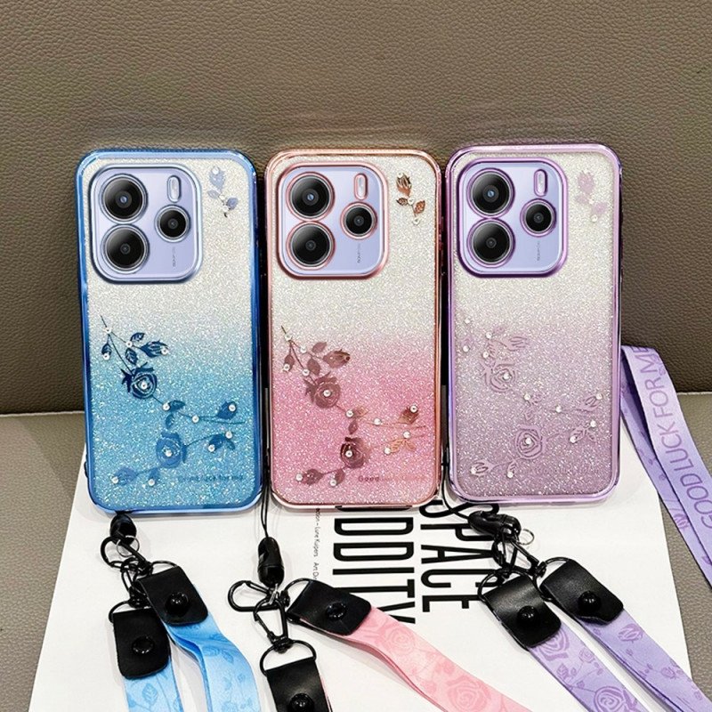 Skal För Xiaomi Redmi Note 14 4g Strass Och Blommor Med Snodd