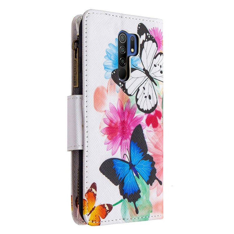 Folio-fodral Xiaomi Redmi 9 Fjärilar Med Dragkedja