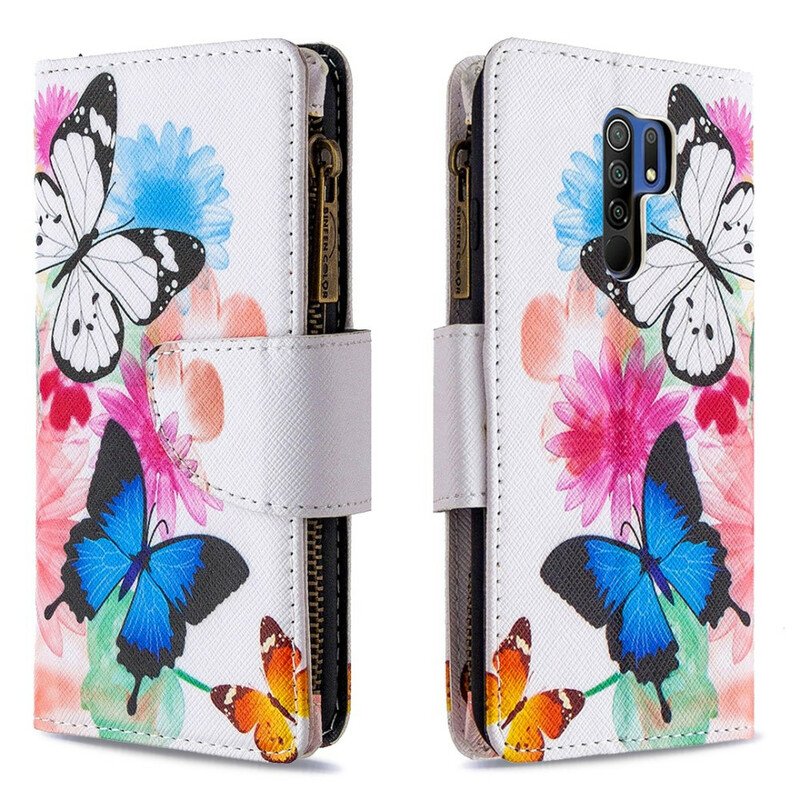 Folio-fodral Xiaomi Redmi 9 Fjärilar Med Dragkedja
