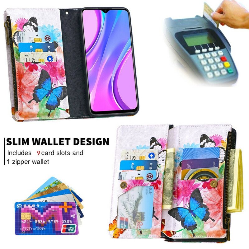 Folio-fodral Xiaomi Redmi 9 Fjärilar Med Dragkedja