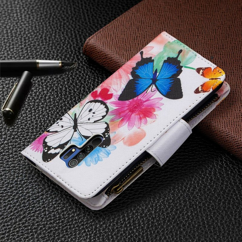 Folio-fodral Xiaomi Redmi 9 Fjärilar Med Dragkedja