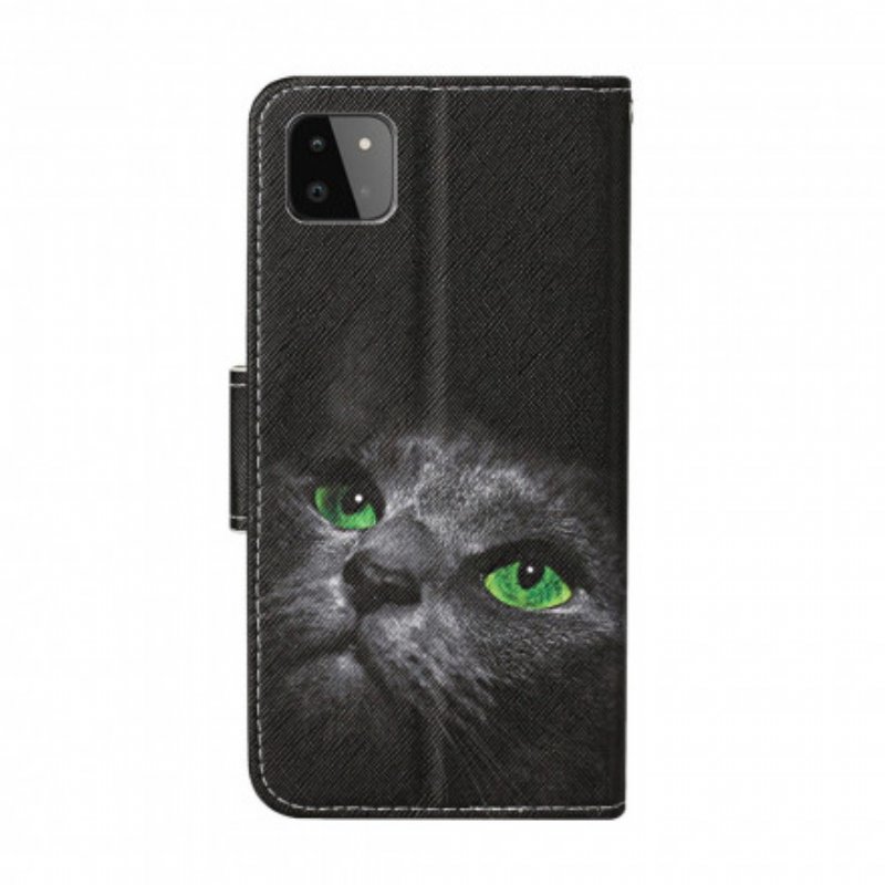 Fodral Samsung Galaxy A22 5G Grönögd Katt Med Snodd