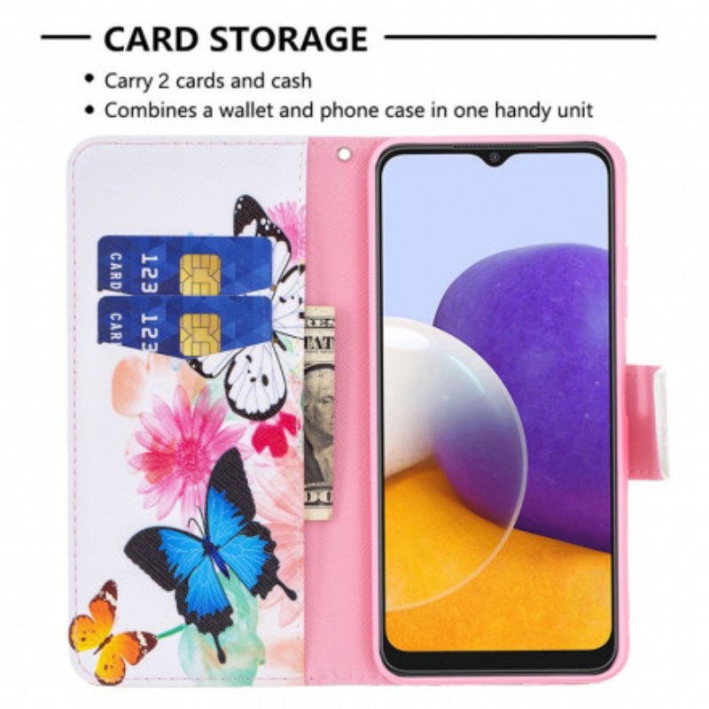 Läderfodral Samsung Galaxy A22 5G Målade Fjärilar Och Blommor
