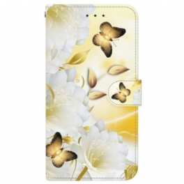 Fodral För Realme 14 Pro 5g Gyllene Fjärilar Och Vita Blommor