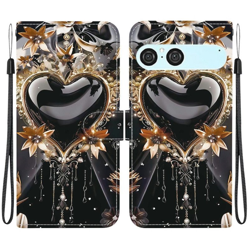 Fodral För Sony Xperia 10 Vii Svart Och Guld Hjärta