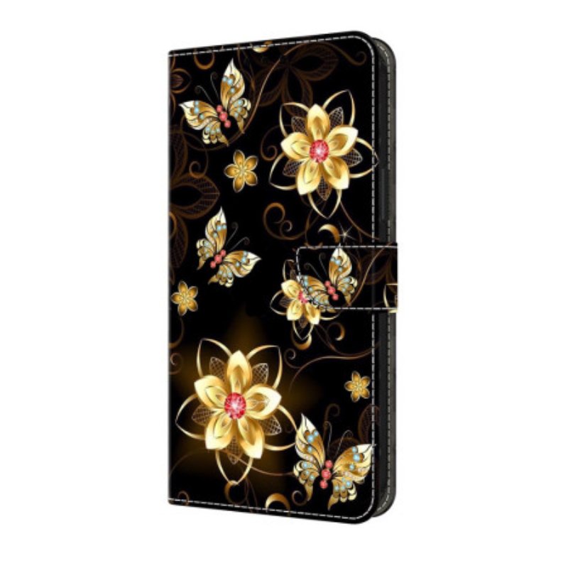 Läderskal Fodral Samsung Galaxy A17 4g / 5g Guldblommor