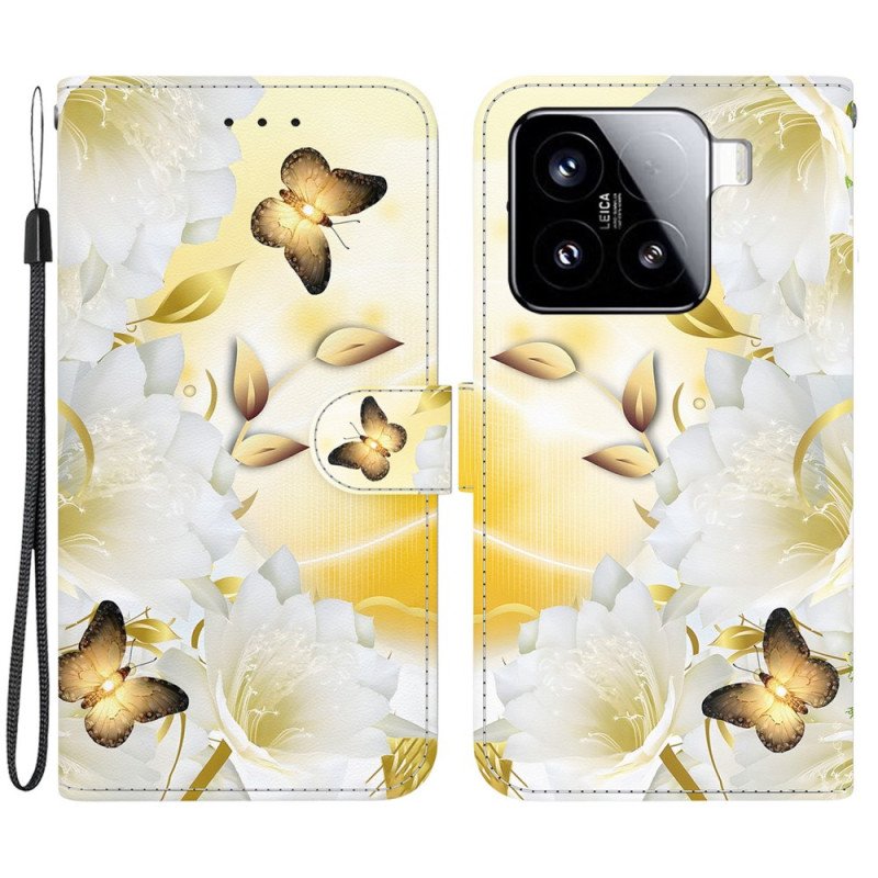 Fodral Xiaomi 15 Guldfärgade Fjärilar Och Vita Blommor