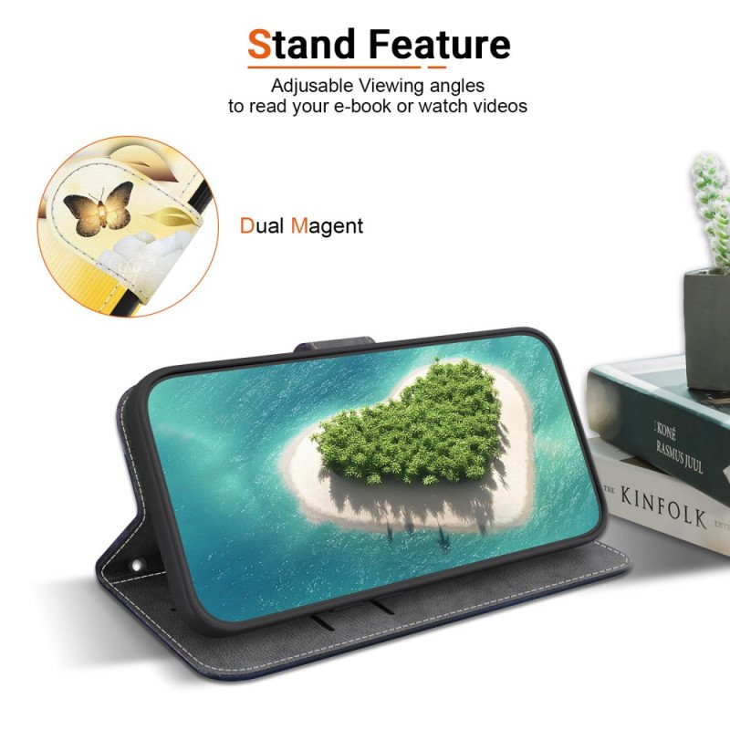 Fodral Xiaomi 15 Guldfärgade Fjärilar Och Vita Blommor