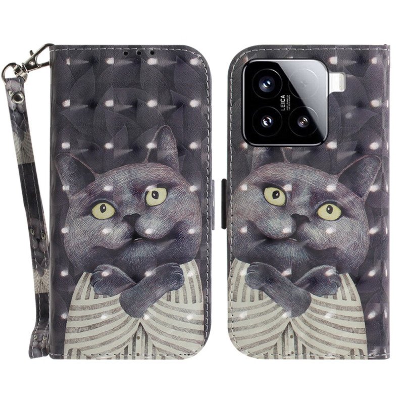 Läderskal Fodral Xiaomi 15 Grå Katt Med Rem