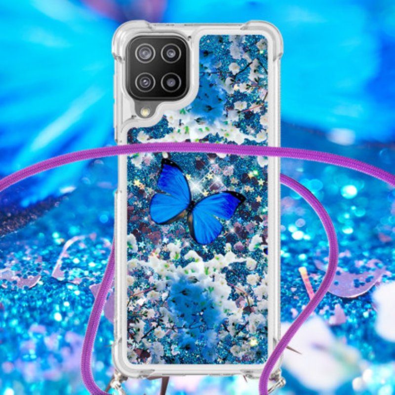 Skal Samsung Galaxy A22 Med Snodd Dragsko Med Paljettfjärilar