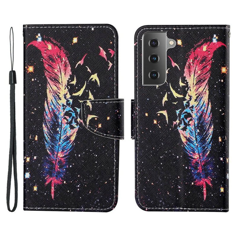 Fodral Samsung Galaxy S21 FE Med Kedjar Färgglad Fjäder Med Rem