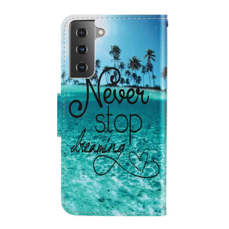 Fodral Samsung Galaxy S21 FE Med Kedjar Sluta Aldrig Drömma Navy Strappy