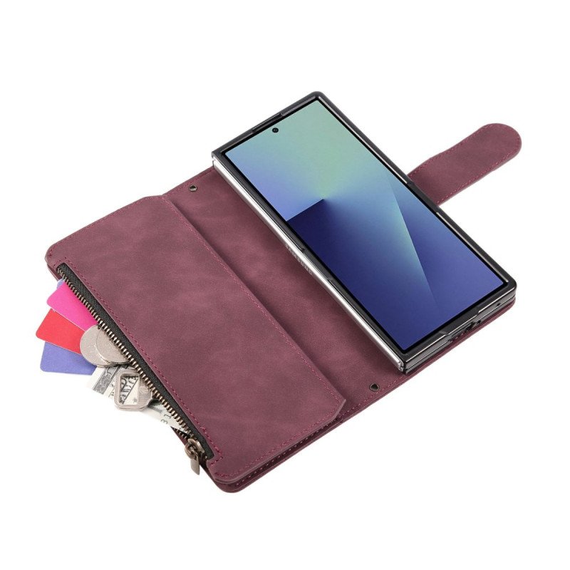 Fodral Samsung Galaxy Z Fold 7 Plånbok Med Mockaeffekt Och Axelrem