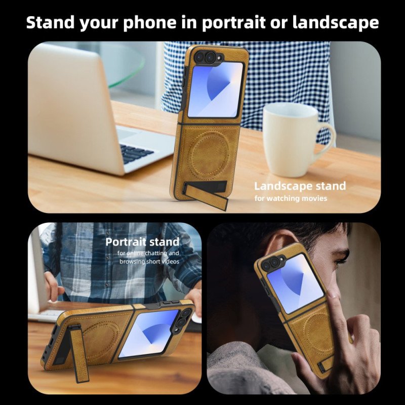 Skal För Samsung Galaxy Z Flip 7 Fe Magsafe-kompatibelt Stativ Med Lädereffekt