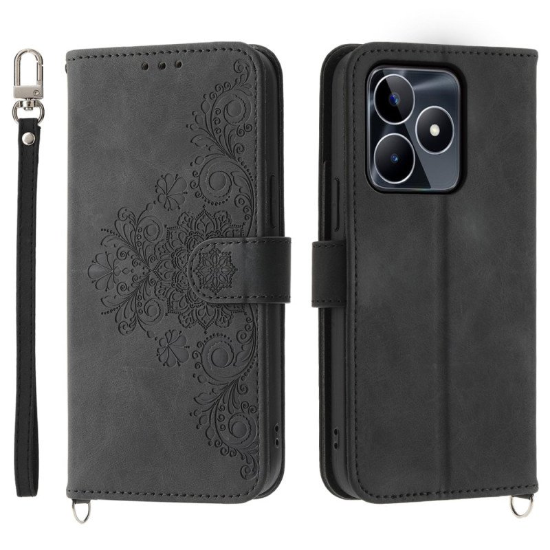 Fodral Realme C53 Blommigt Mönster Med Rem Och Axelrem