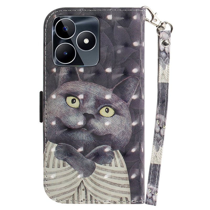 Läderfodral Realme C53 Telefonfodral Grå Katthållare Med Snodd