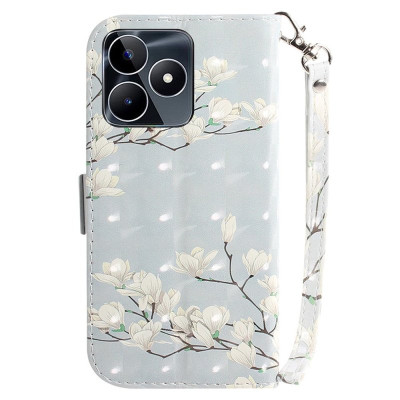 Läderfodral Realme C53 Telefonfodral Magnoliahållare Med Snodd