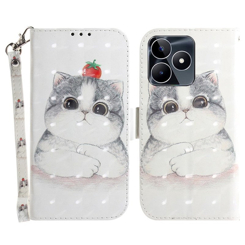 Läderfodral Realme C53 Telefonfodral Söt Katthållare Med Snodd
