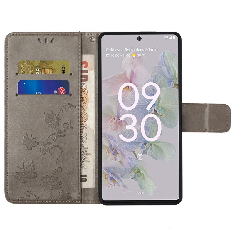 Folio-fodral Google Pixel 6A Med Kedjar Blommor Och Fjärilar Med Rem