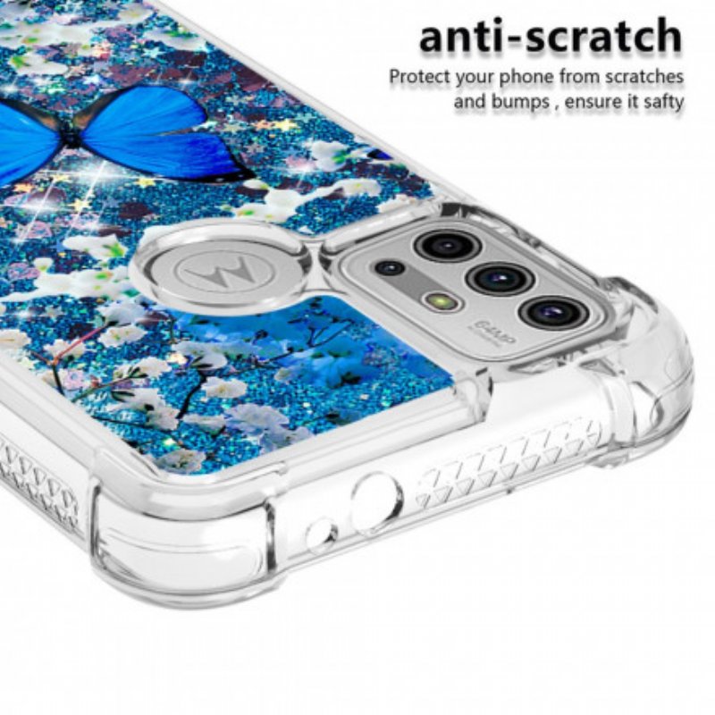 Mobilskal Moto G30 / G10 Glitter Blå Fjärilar